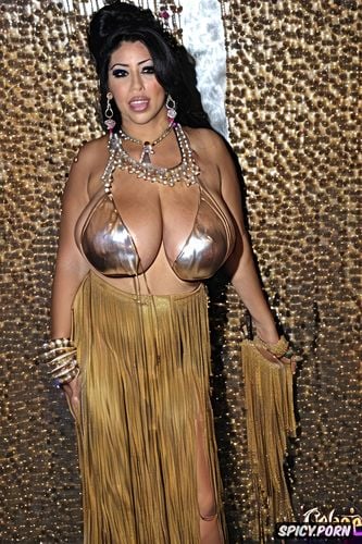 gold and silver and pearls jewelry and color beads, massive saggy breasts