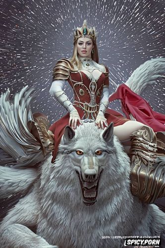 princess squatting on the back of a giant wolf, paws