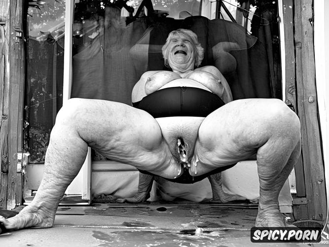 short bbw granny, obese, oiled body, thick legs, centered, full body shot