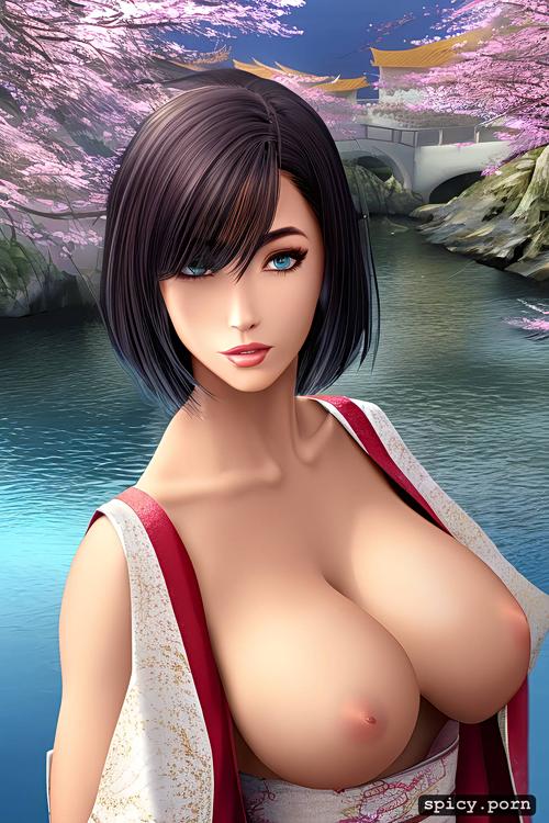 cleavage boob, 城, cherry blossom, 3dt, byjustpixels, masterpiece