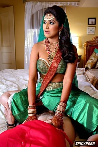 elegant traditional indian wedding clothes, saggy breasts, in position at the edge of the bed