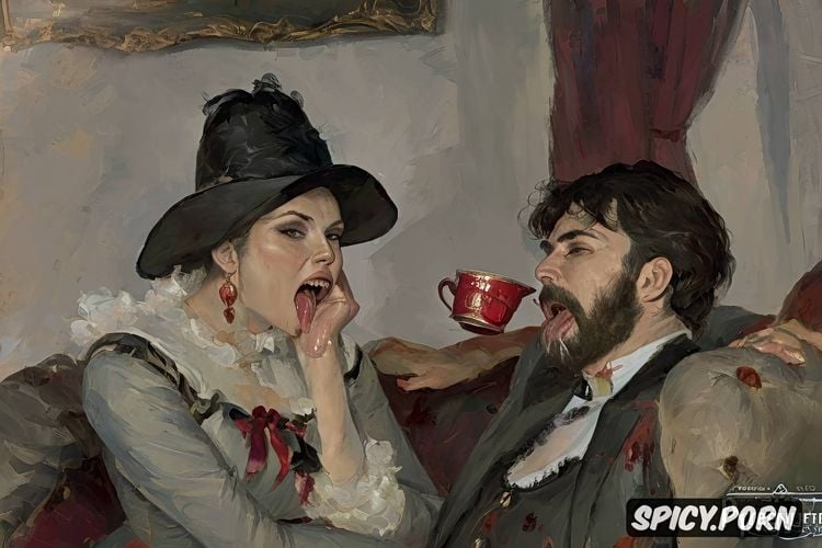 drinking coffee, couch, vampire, pyotr krivonogov, dracula, art by vasily surikov