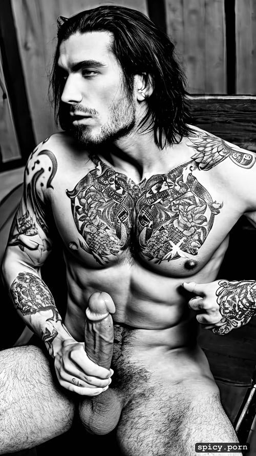 tattoos on hands and a dagger tattoo on chest, one alone naked athletic white man with black hair 23 years old holding his erect penis with his left hand
