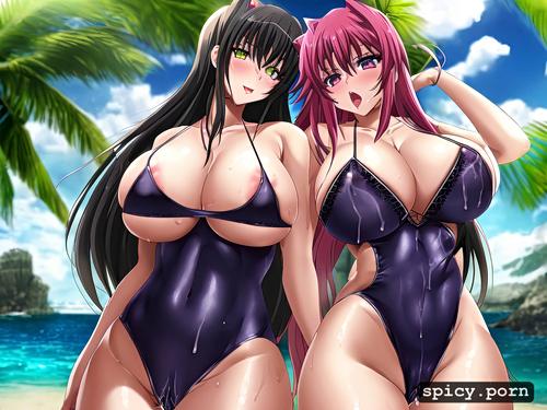 highschool dxd hair, location school grounds, large tits, open swimsuit