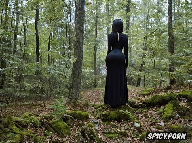 a black witch alone in the forest, turned forward, sat down