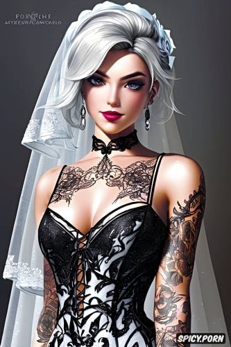 tattoos masterpiece, k shot on canon dslr, ultra detailed, ashe overwatch beautiful face young tight low cut black lace wedding gown
