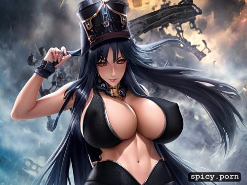 messy hair, anime style, ultra thick, massive boobs, black hair