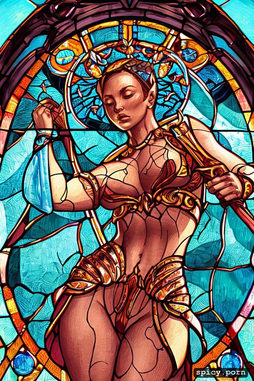 hyperrealistic, elegant, sharp focus, stained glass window of nude goddess warrior