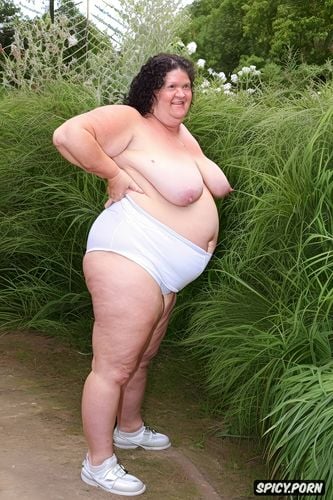wearing white wet coton tight shorts, small shrink boobs, an old fat woman naked with obese ssbbw belly