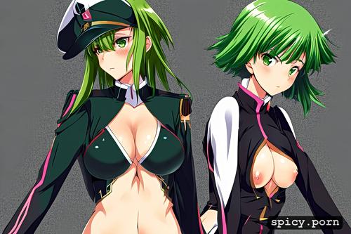 black lady, green hair, vibrant, short, medium tits, hourglass figure body