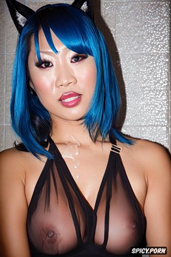 toilet, makeup, cat ears, hot body, huge tits, blue hair, asian lady