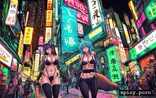 muscular tall busty teenage woman with chunky greenbrae eyes and long pink and blue hair with shiney golden skin and plump tips and ass getting dp d by two huge veined dicks and everyone has pointy wolf ears and furry wolf legs and three furry wolf tails realistic oiled body animae style cyberpunk in an alley with neon lights at night