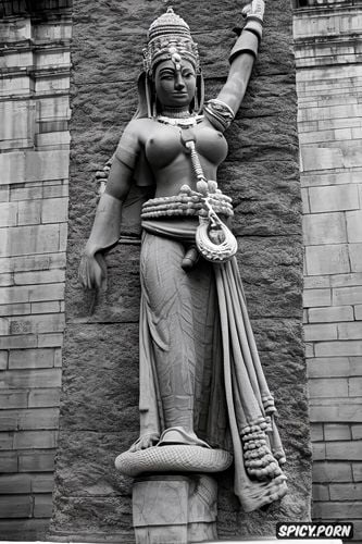 solo indian woman, stone statue in chola dynasty style, big stone tits