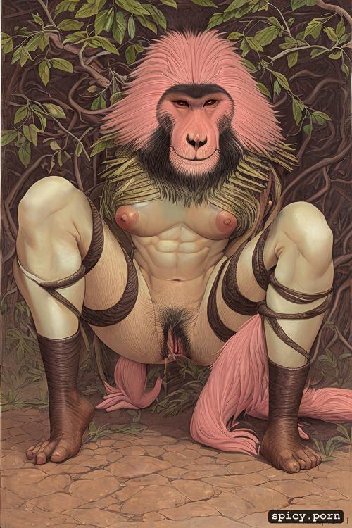 pink and blue, monkeyhead, twisting torso, facing viewer, muscular