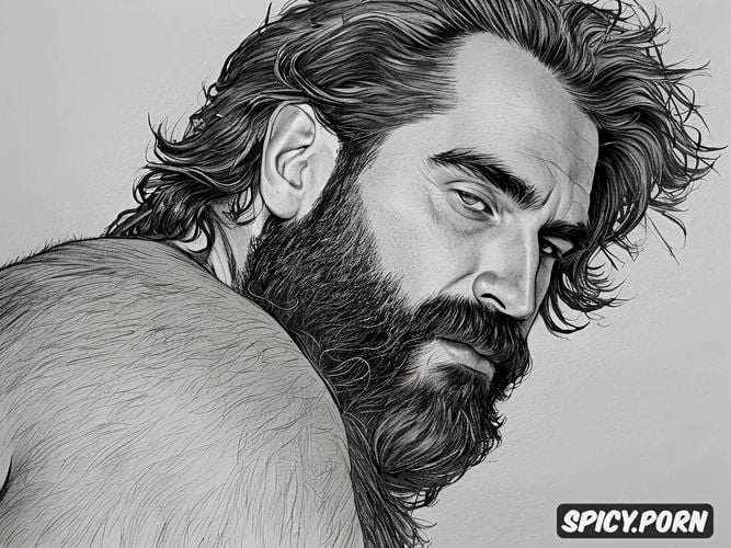 detailed artistic pencil nude sketch of a bearded hairy man