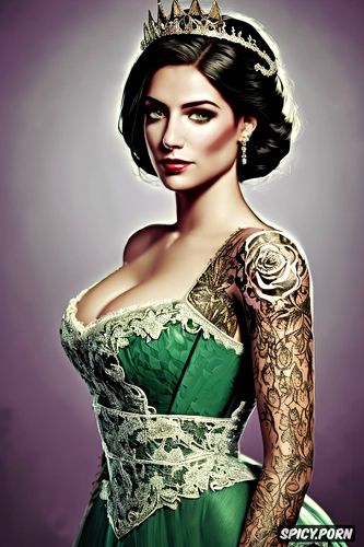 tattoos masterpiece, ultra detailed, elizabeth bioshock infinite beautiful face young tight low cut dark green lace wedding gown tiara