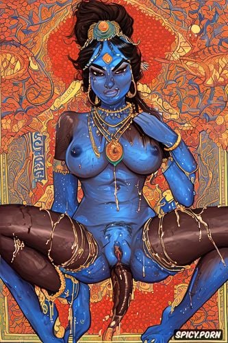 blue skin, spreading legs, beautiful vagina, erect detailed blue dick