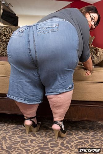 bedroom, cowgirl sex position, massive saggy boobs, denim skirt