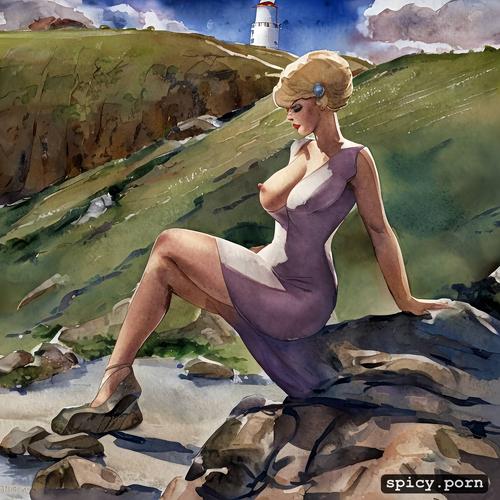watercolor ink outline, a lighthouse hill on a beach, caricature figure