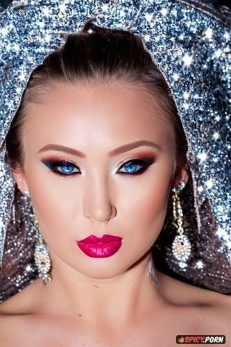 ice blue eyes, super closeup, face photo mongol woman, heavy makeup