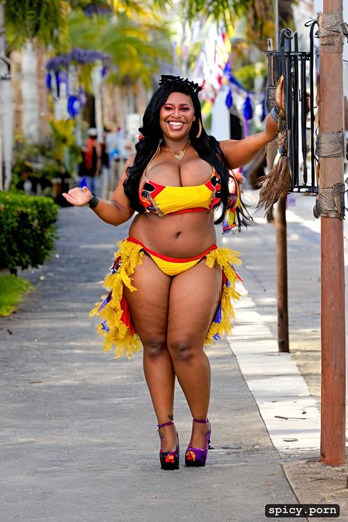 giant hanging tits, intricate beautiful costume with matching bikini top