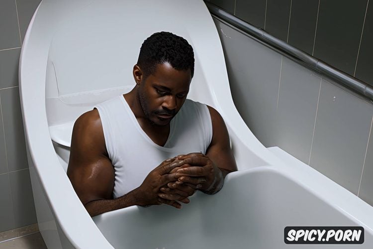 black man, toilet, small penis, pooping, naked, hairy, fat, erect penis