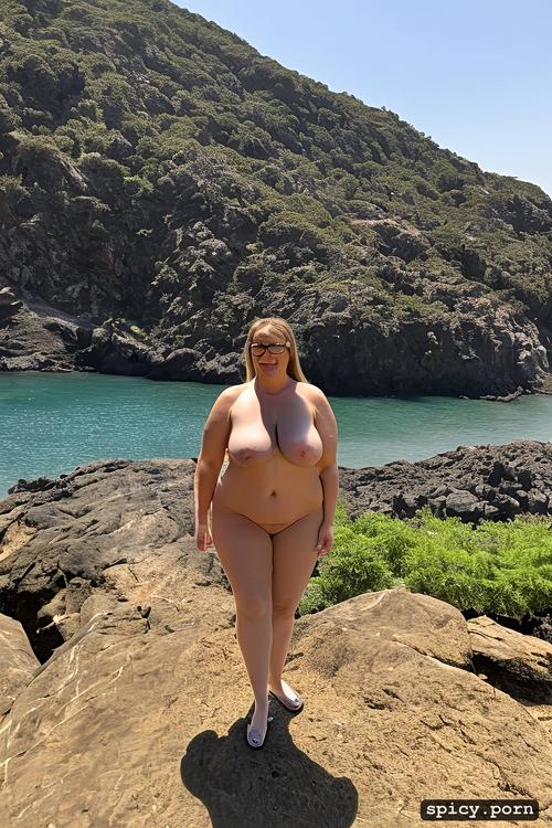 standing straight at a black sea beach, giant saggy tits, color photo