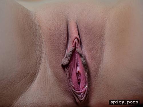 pussy gape, in a bedroom, naked, solo, realistic body, facing the viewer