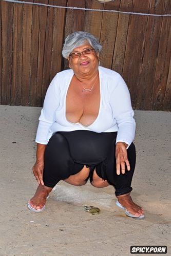topless, an old fat bhabi indian granny, front view, wearing tight long shorts that cover thighs