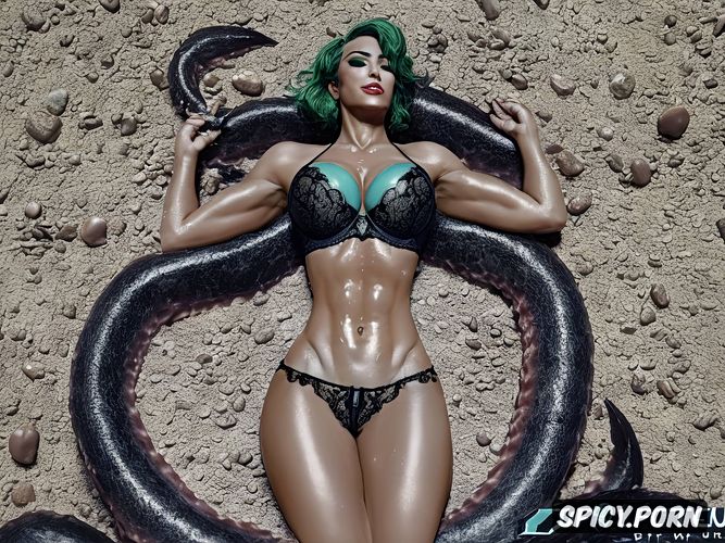 abs, tentacle sex organ, sexy legs, toned muscles, laying on back