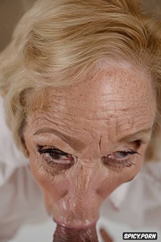 terrified granny model face, age sixtyfive, huge thick veiny white dick