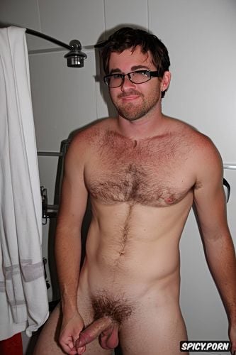 white sexy hairy blonde chest hair scruffy black round glasses with small errection wearing only gray hanes boxers looking at him self in bathroom mirror amazing light masterpiece name is nathan make his errected penis 500 3 5 inches errection peenis