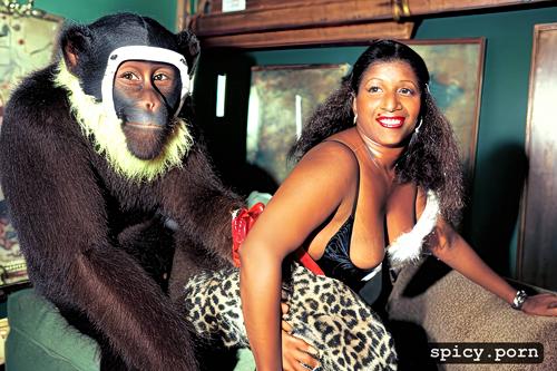 chunky, 80 years old, fucking a black woman, man, on a furry monkey costume