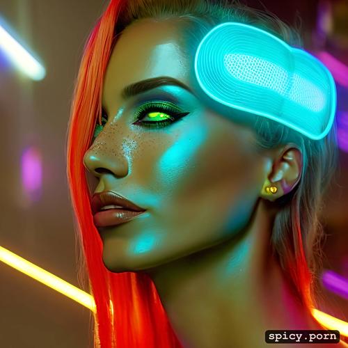 cyber neon lighting, artstation, an extremely beautiful redhead scandinavian female humanoid with freckled cheeks
