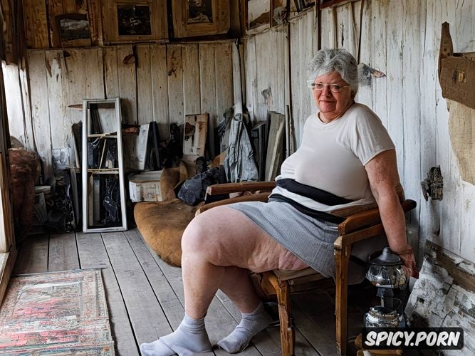 short wool socks, old eyeglasses, ninety year old fat woman