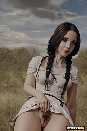 minimalistic, looking into camera, upskirt, detailed hair, braids no panties gentle smile no panties good pussy view trimmed pussy innie pussy puffy pussy gentle smile wednesday addams