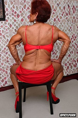 tanned, back and red lingerie, high details, laughing, heavy makeup
