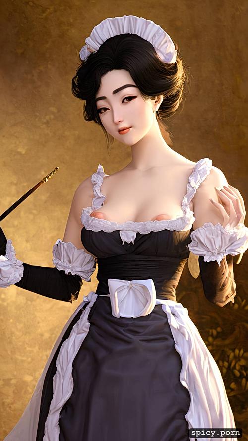 japanese ethnicity, gothic cosplay, 20 yo, maid, hairy, perky breasts