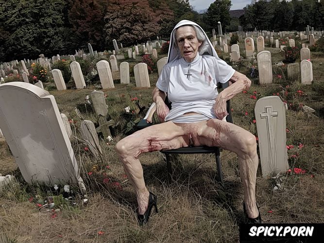 catholic nun, tits out, nipples, huge tits out, cemetery, very thin