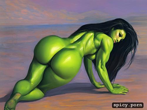 she hulk, shaved pussy, 8k, view from behind, leaning forward