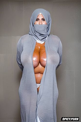 totally naked in only hold ups hijab, vertical symmetry, half body shot
