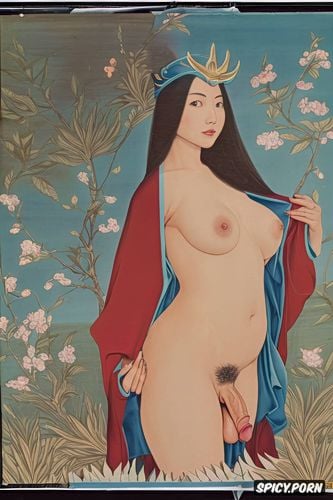 erect penis, innocent face, masterpiece painting, thick thai woman
