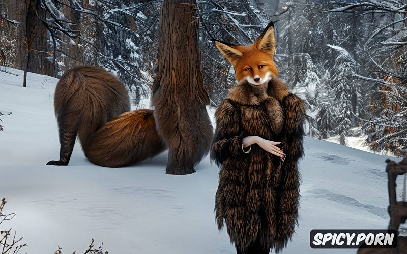 fur fetish, very hairy pussy, wearing a fox fur coat, fur lover