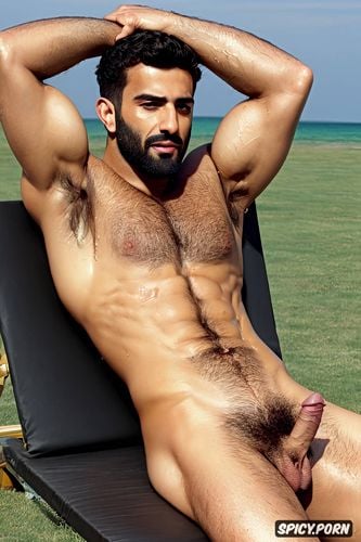 arms up, sixpack, showing hairy armpits, hairy chest, arab gay