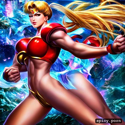 sailormoon fighting streetfighter, muscular, ryu, videogame promotional