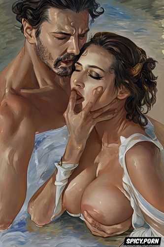 squishy boobs, fog, paul peter rubens, eyes closed, realism painting