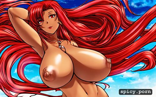 red hair, black skin, naked, huge boobs