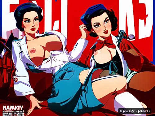 pinup propaganda poster art of a seductive soviet nurse, ussr army uniform