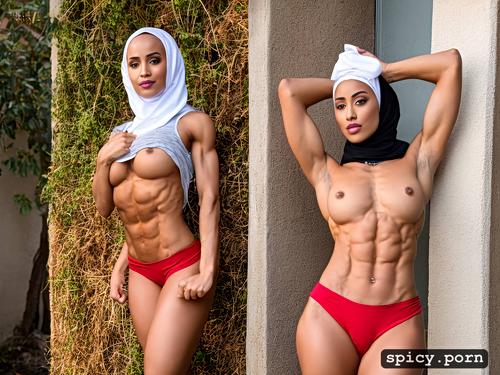 hijab, standing up, beautiful face, toned quads and calves, lifting shirt to show off abs