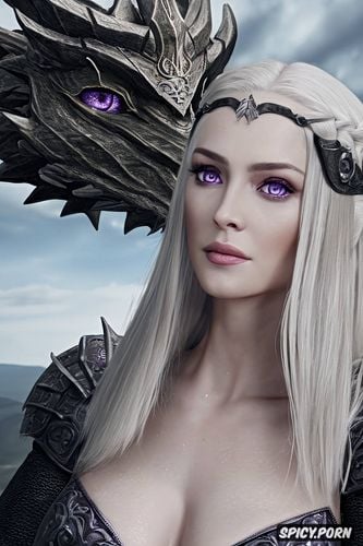pale skin, dragon banners, soft purple eyes, throne room, throne